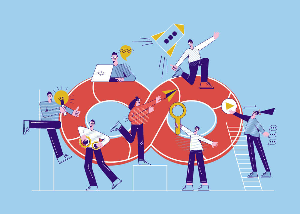 DevOps concept. Software engineering culture and practice of software development and software operation. Team building with dev ops symbol. Flat vector isolated illustration in cartoon style