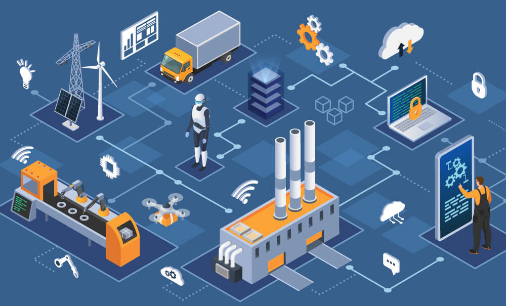 Smart industry 4.0 Industrial internet of things, innovative manufacturing and smart industry. Automation and user interface, connecting with tablet and exchanging data with cyber physical iot system