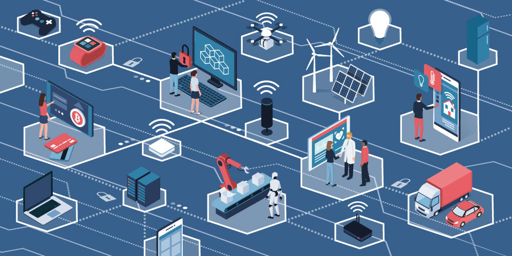 People using touch screen interfaces, augmented reality and IOT devices: blockchain of things and networks concept